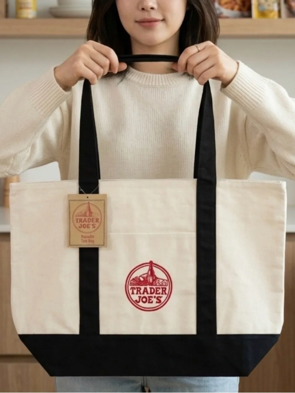 Trader Joe's Canvas Tote Bag in Natural and Black with Red Logo